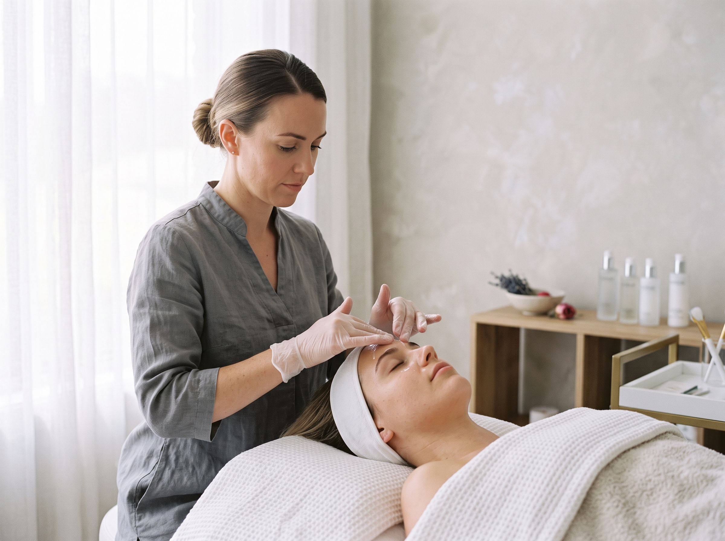 Esthéticienne réalisant un soin du visage sur une cliente