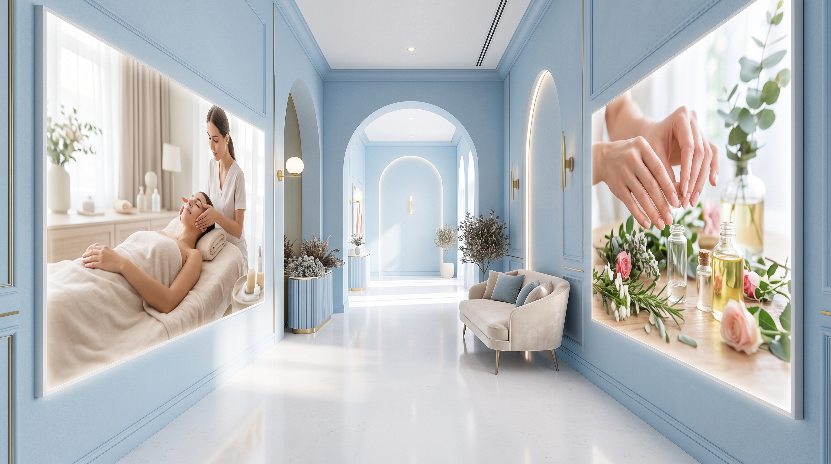 Intérieur lumineux d'une clinique esthétique, ambiance sereine bleu poudré