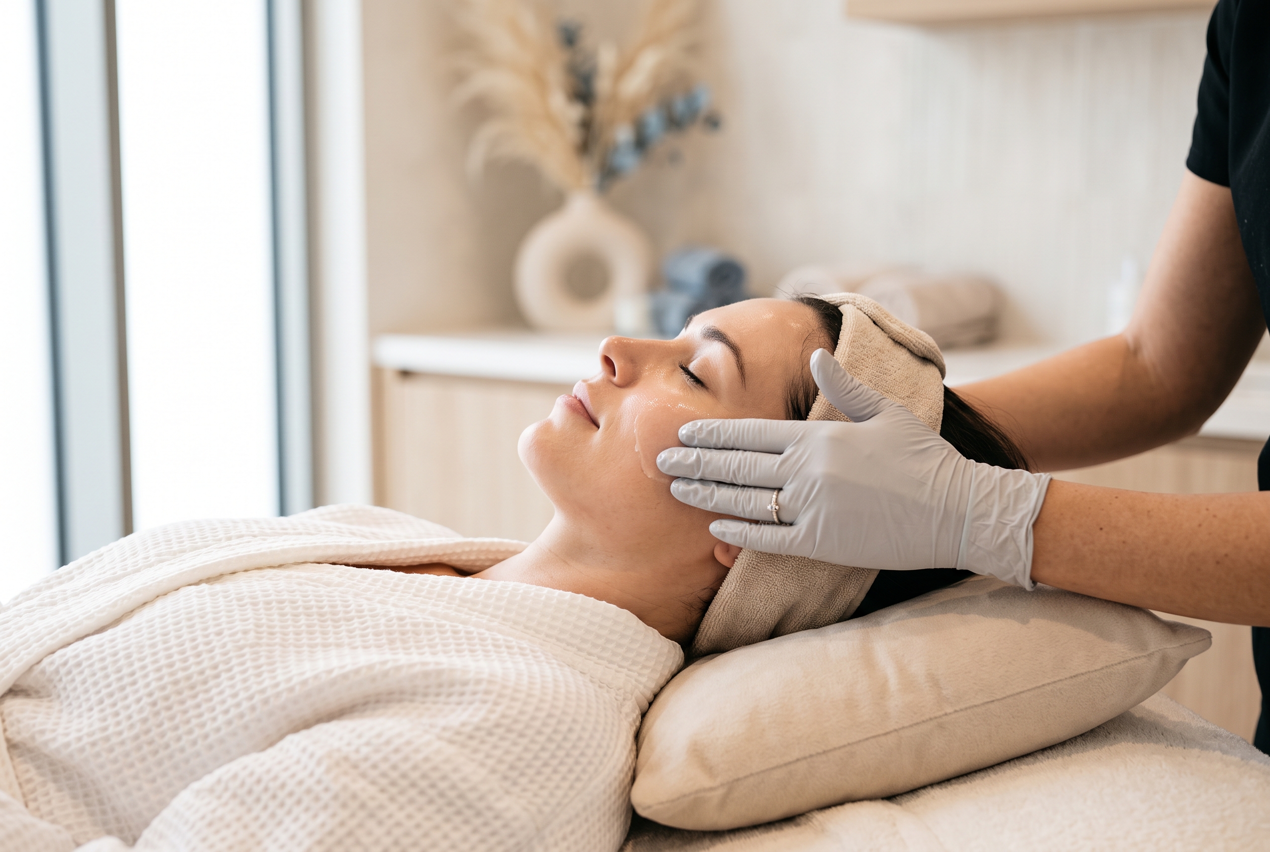 Patiente sereine recevant un soin du visage dans un intérieur de clinique lumineux